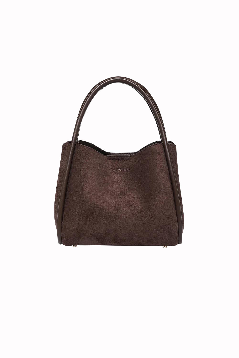Product shot of the Steffie Suedette Mini Tote Bag in colour Chocolate, detail