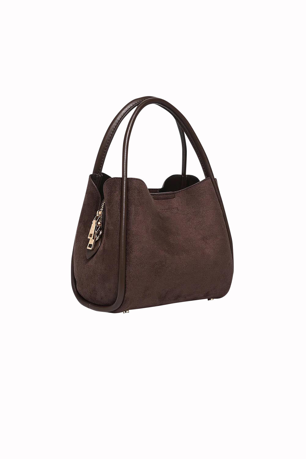 Product shot of the Steffie Suedette Mini Tote Bag in colour Chocolate, detail