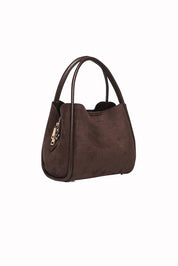 Product shot of the Steffie Suedette Mini Tote Bag in colour Chocolate, detail