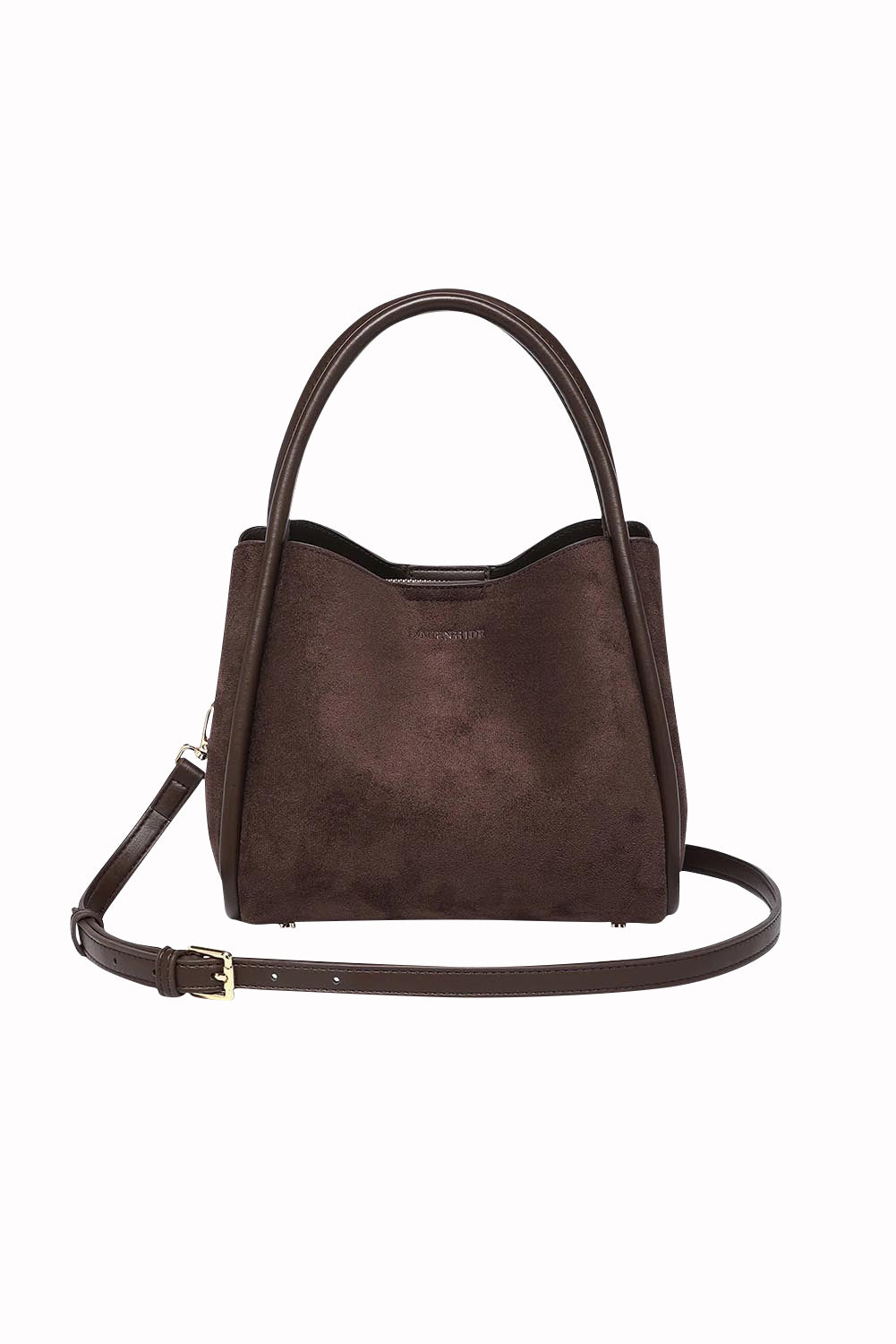 Product shot of the Steffie Suedette Mini Tote Bag in colour Chocolate, from the front