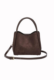 Product shot of the Steffie Suedette Mini Tote Bag in colour Chocolate, from the front
