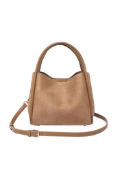 Product shot of the Steffie Suedette Mini Tote Bag in colour Honey, from the front