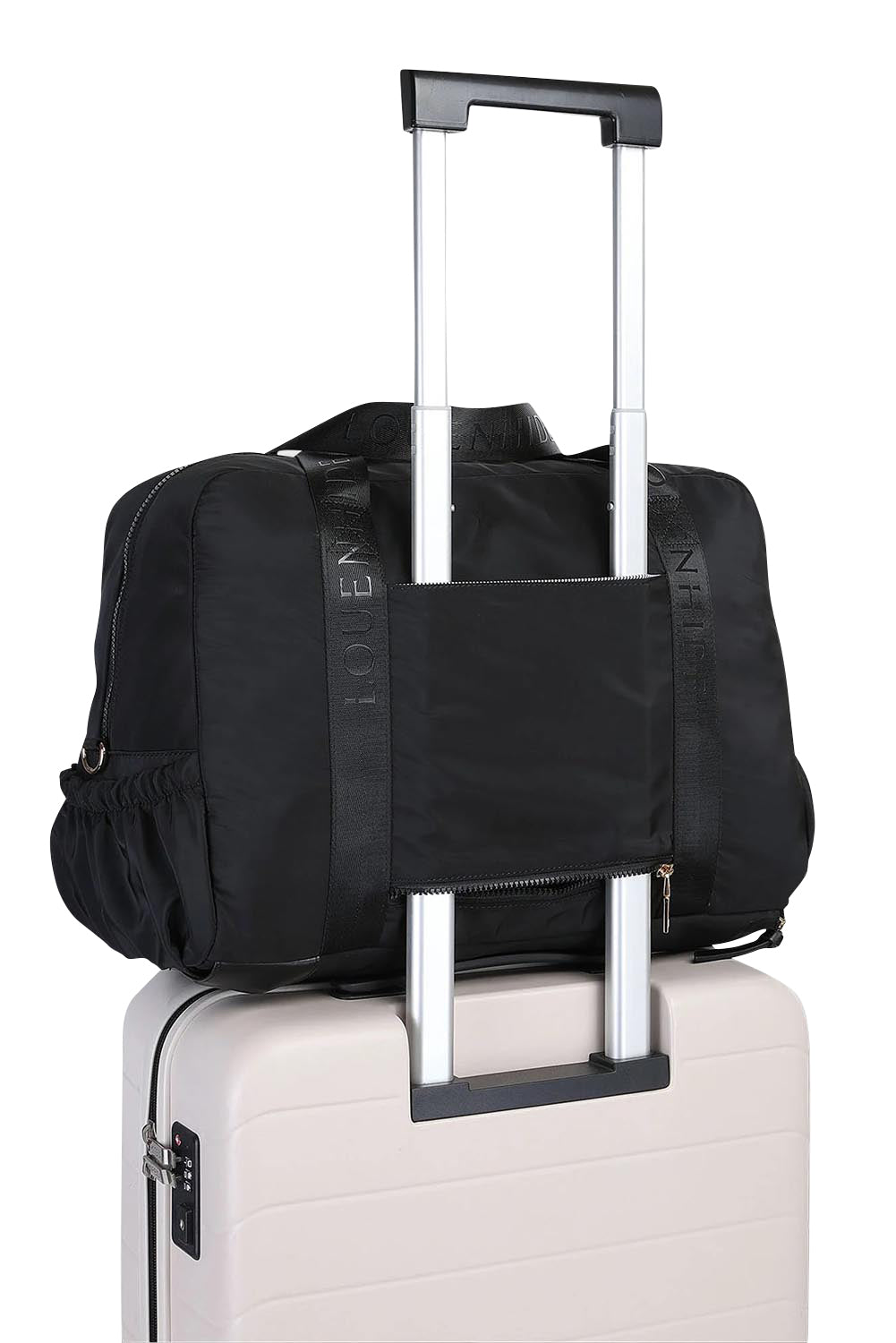 Product shot of the Jenn Nylon Travel Bag - Black in colour Black, showing detail
