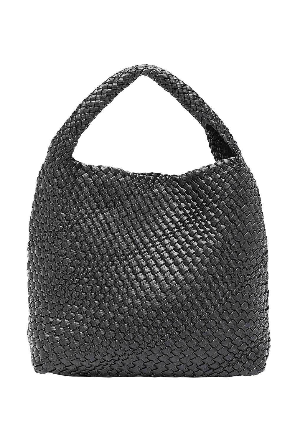 Product shot of the Gabby Woven Shoulder Bag in colour Black (Black), from the back