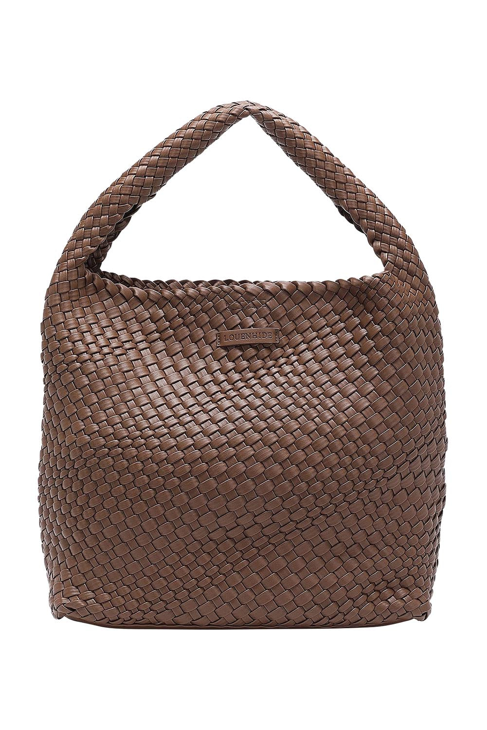 Product shot of the Gabby Woven Shoulder Bag in colour Chocolate, from the front