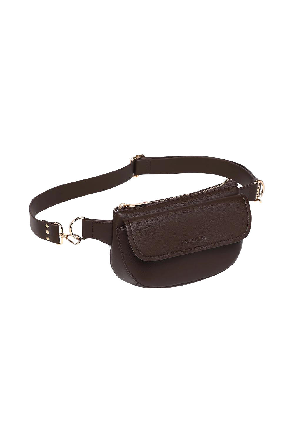 Product shot of the Lola Belt Bag - Chocolate in colour Chocolate, showing detail