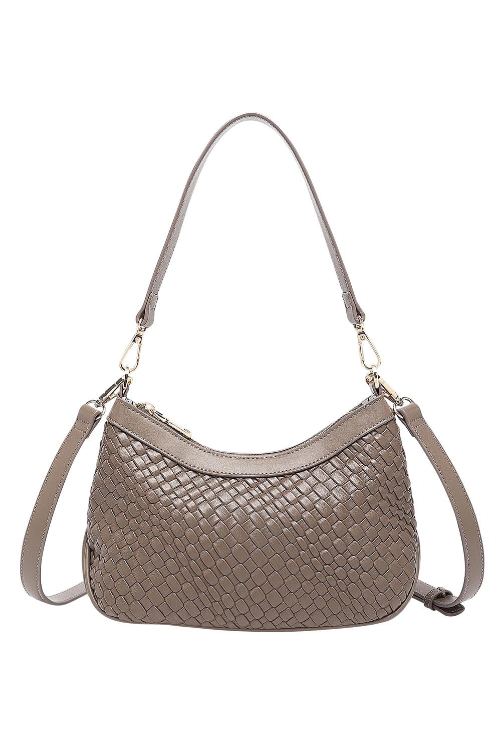 Product shot of the Lucia Woven Shoulder Bag in colour Chocolatew, from the front