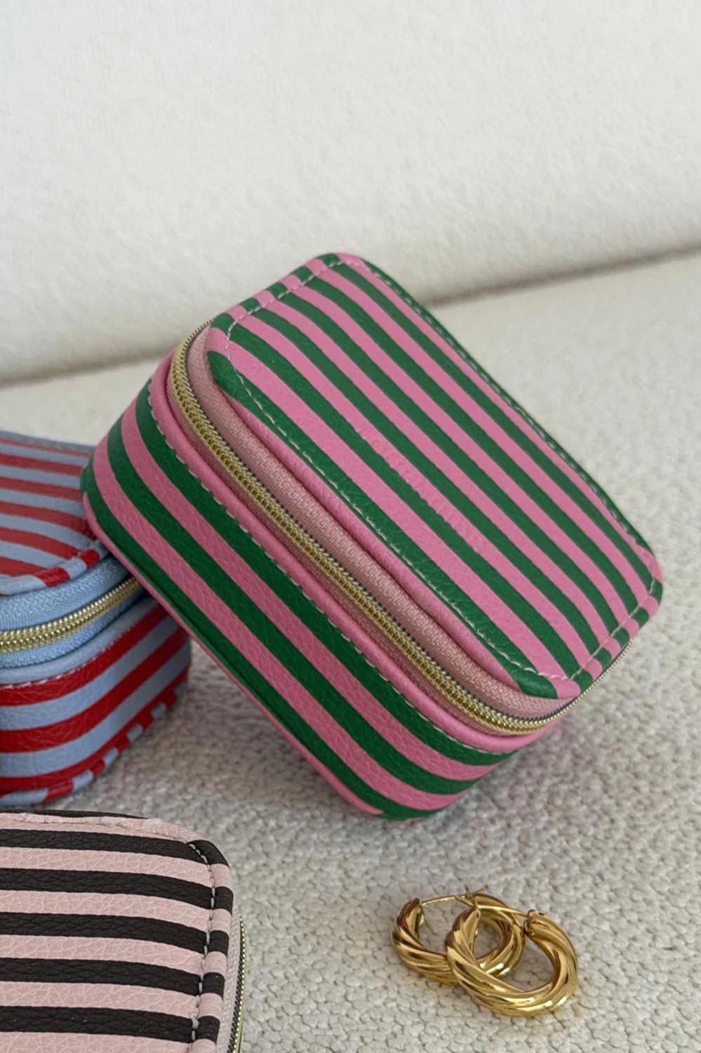 Product shot of the Suzie Stripe Jewellery Box - Greenpinkstripe in colour Greenpinkstripe, from the front