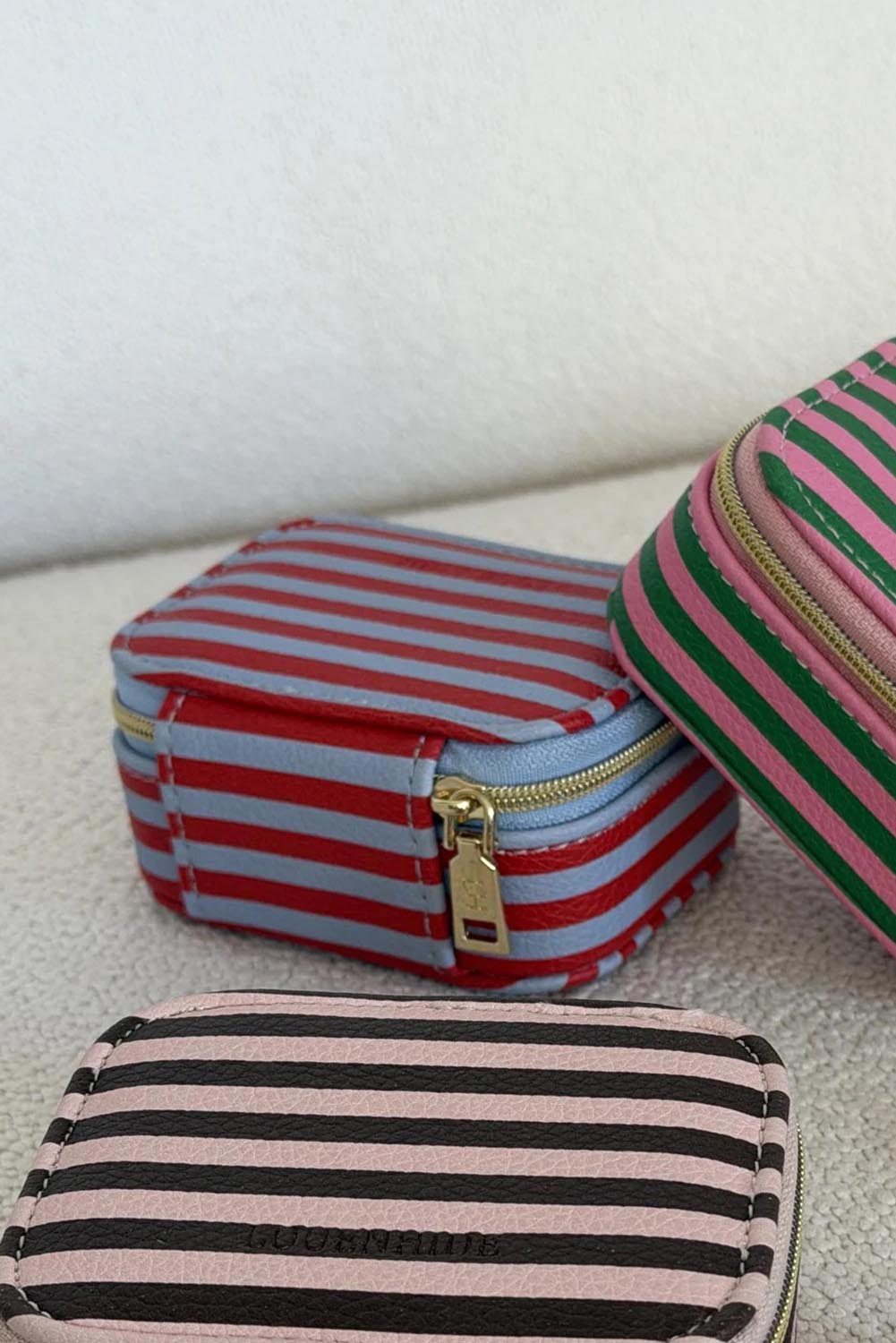 Product shot of the Suzie Stripe Jewellery Box - Redskystripe in colour Redskystripe, from the front