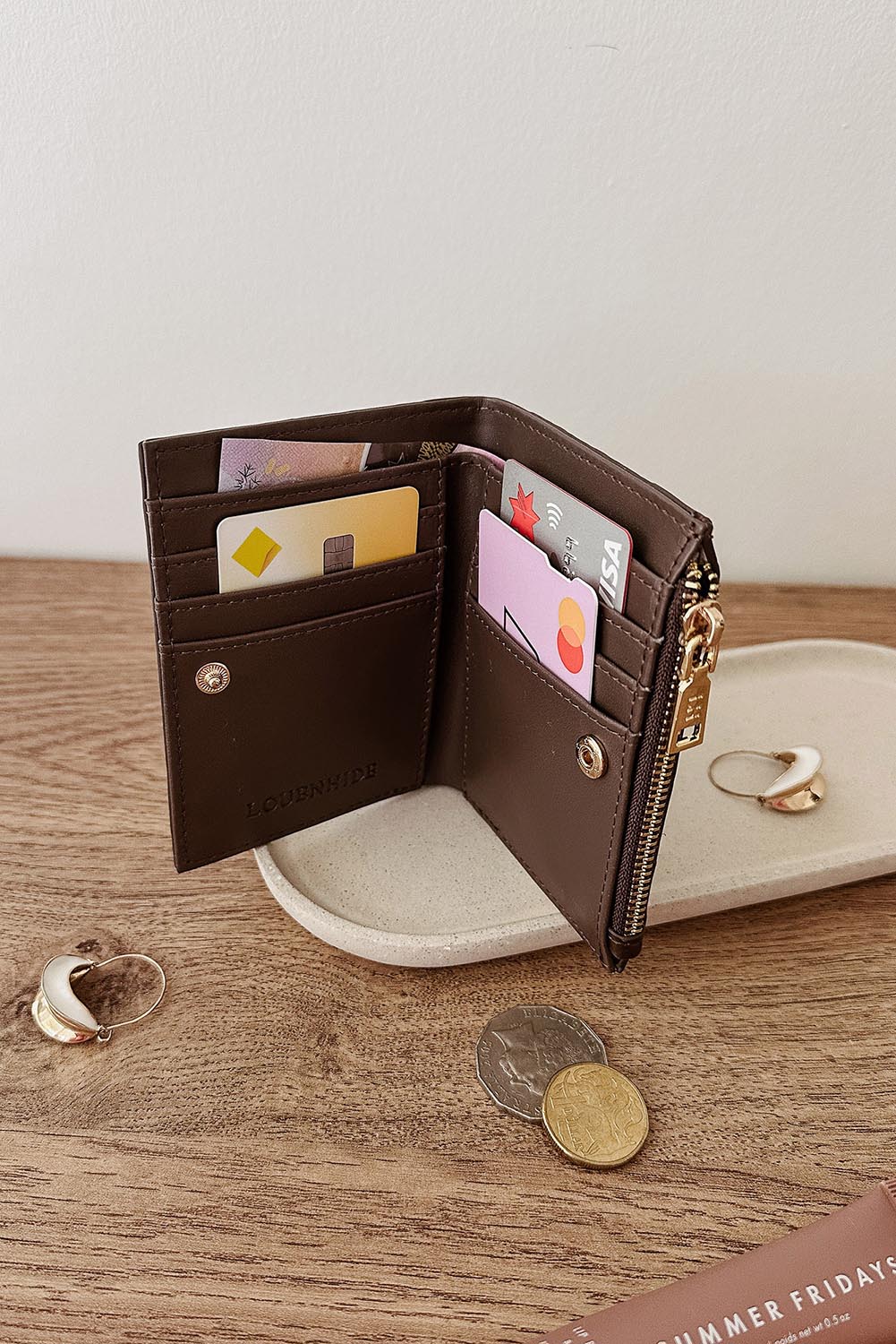Product shot of the Lily Wallet - Chocolate in colour Chocolate, showing detail