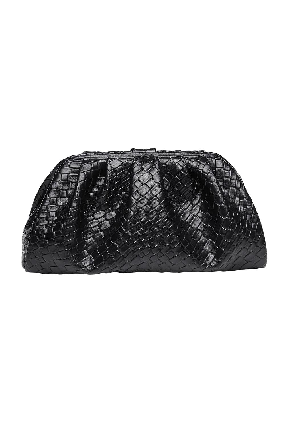 Product shot of the Macy Woven Clutch in colour Black (Black), from the front
