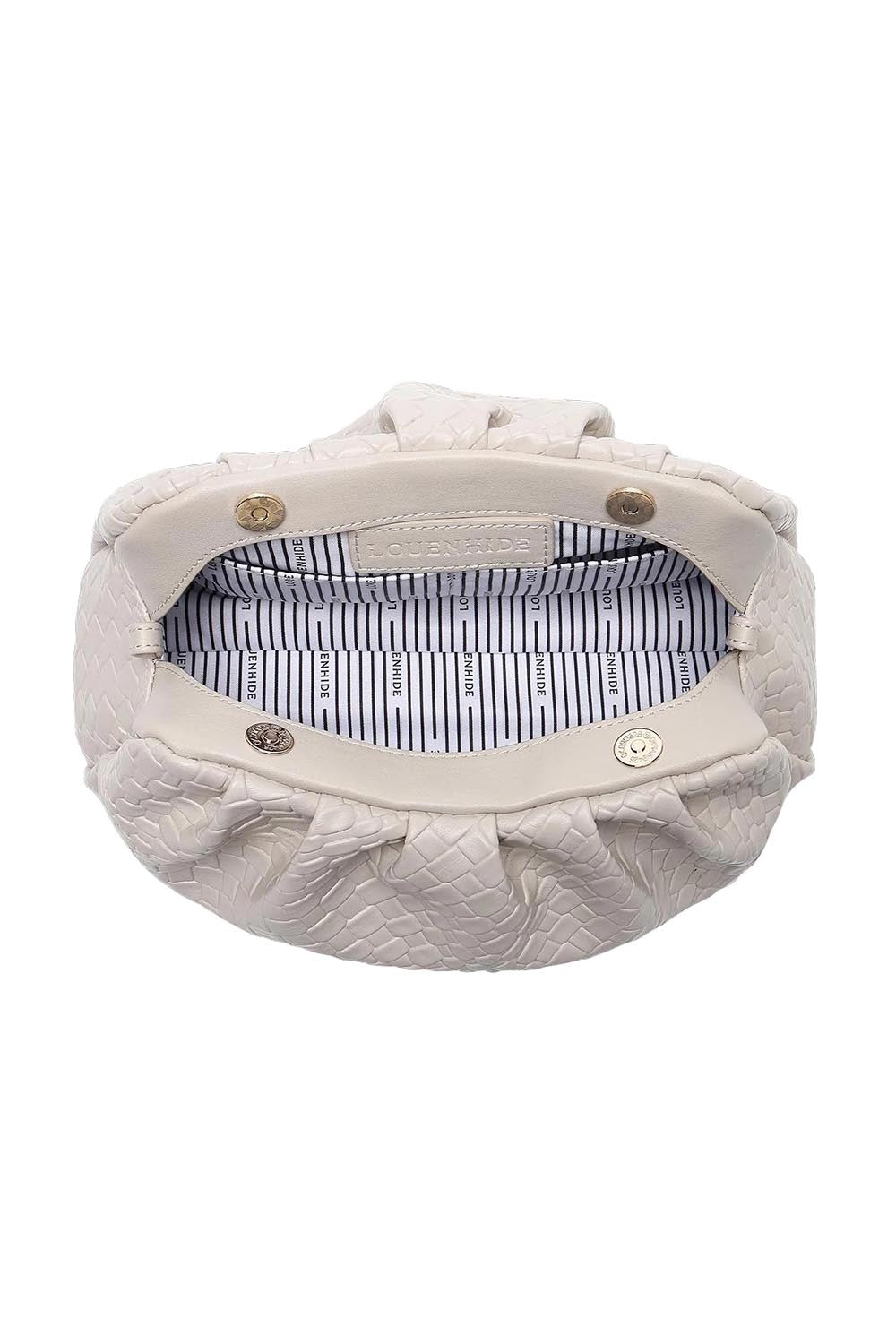 Product shot of the Macy Woven Clutch in colour Malt, detail