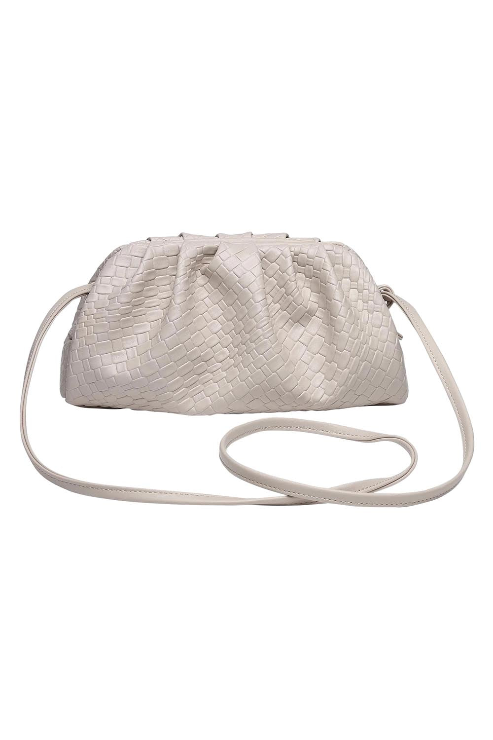 Product shot of the Macy Woven Clutch in colour Malt, detail