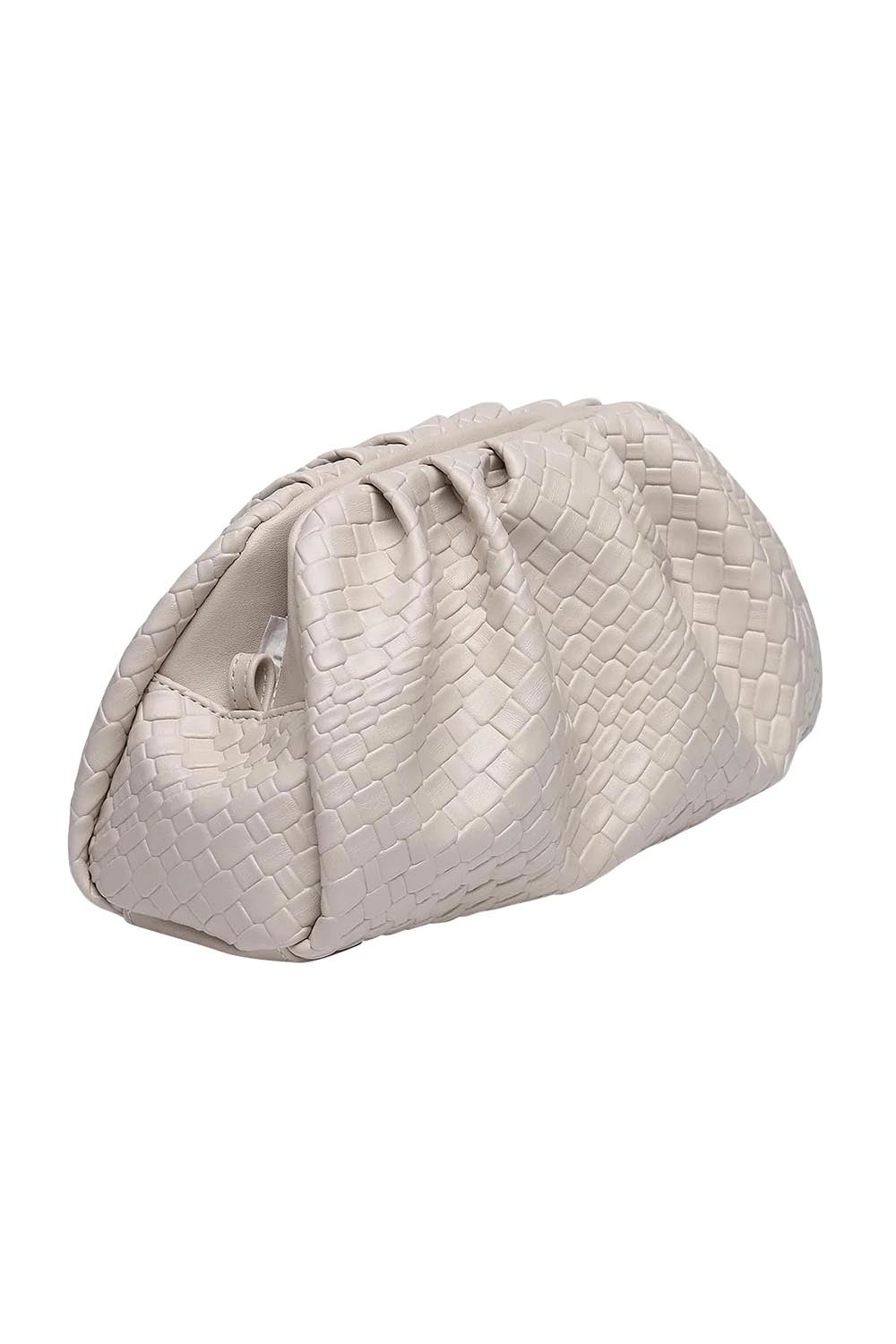 Product shot of the Macy Woven Clutch in colour Malt, detail