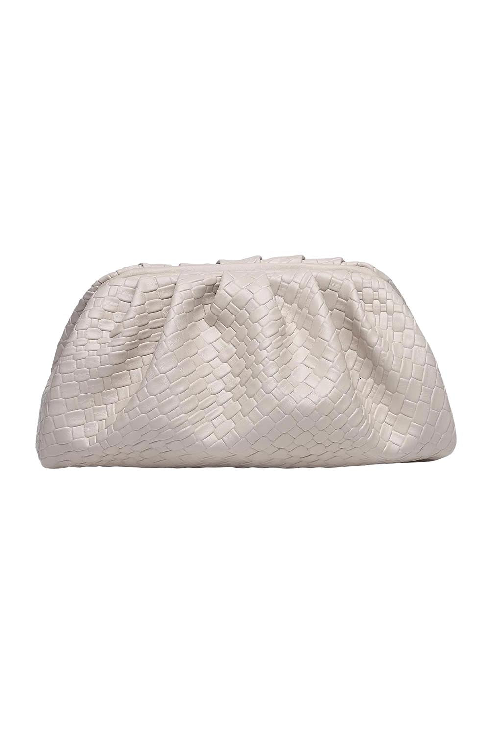 Product shot of the Macy Woven Clutch in colour Malt, from the front