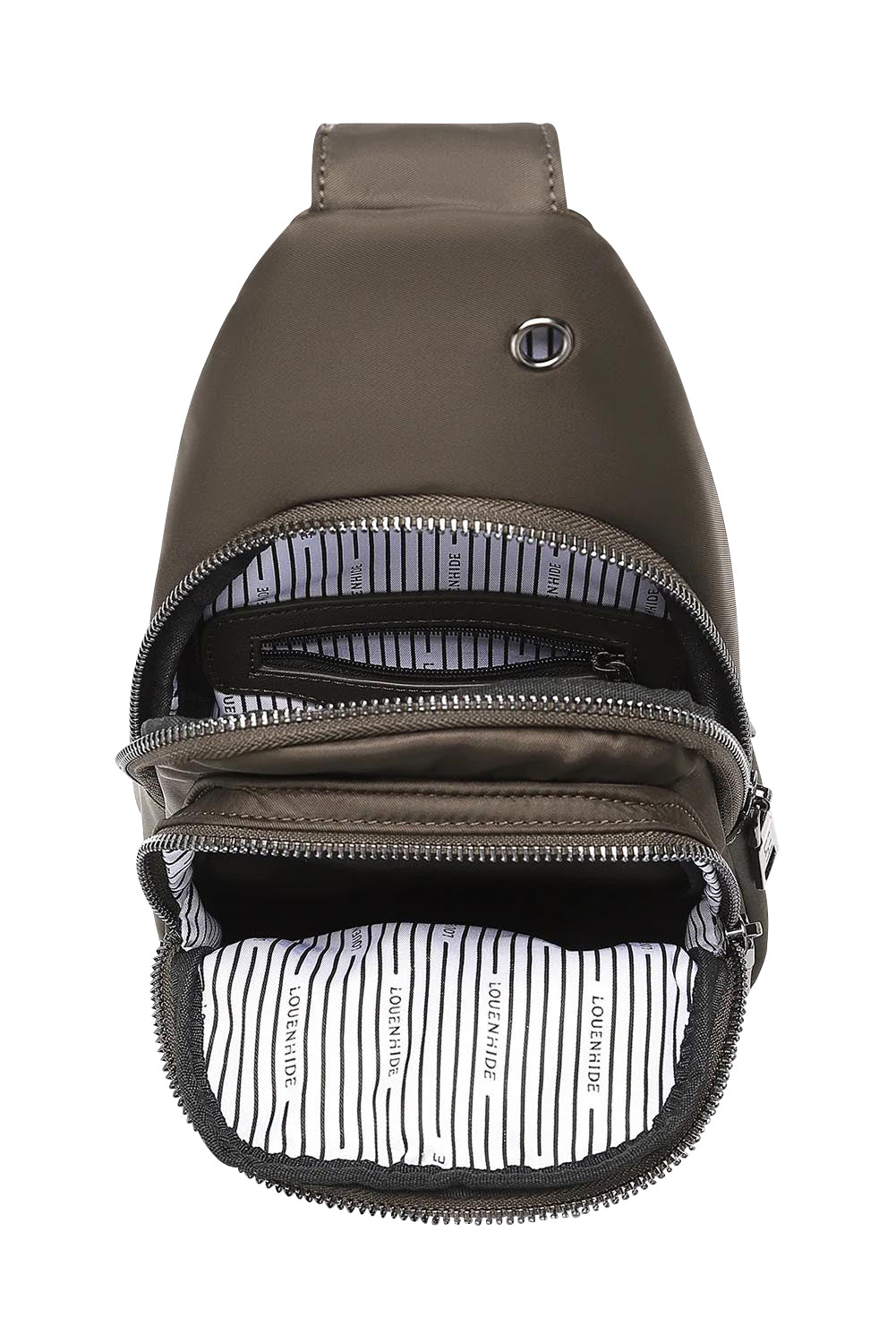 Product shot of the Boyd Nylon Sling Bag in colour Chocolate, detail