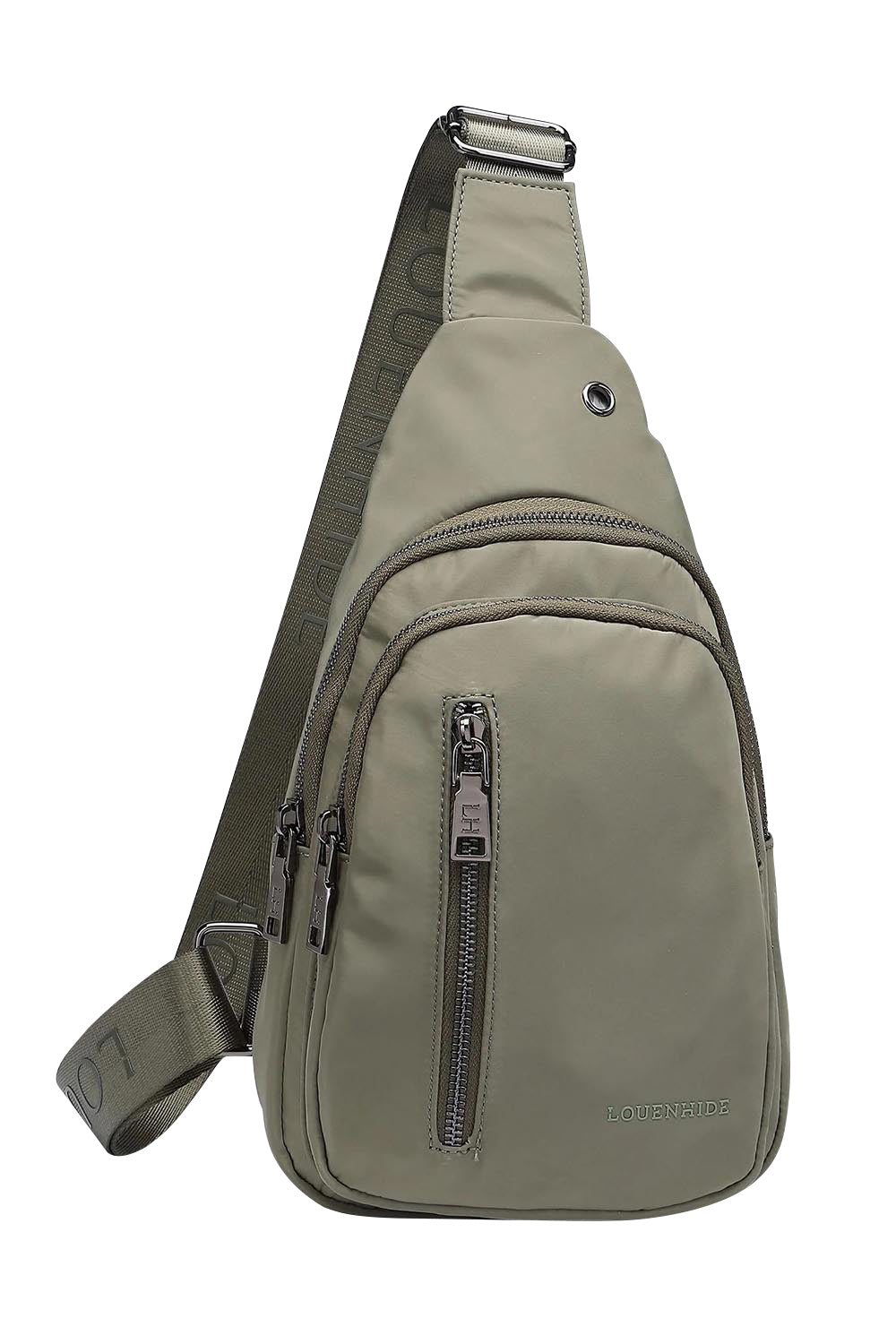 Product shot of the Boyd Nylon Sling Bag in colour Khaki (Green), from the front