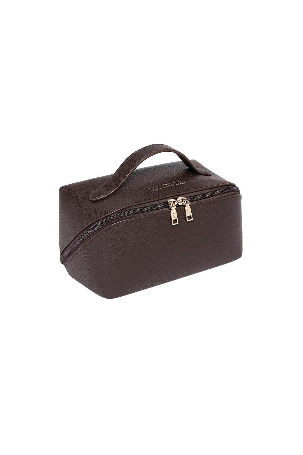 Product shot of the Ellis Makeup Bag - Chocolate in colour Chocolate, showing detail