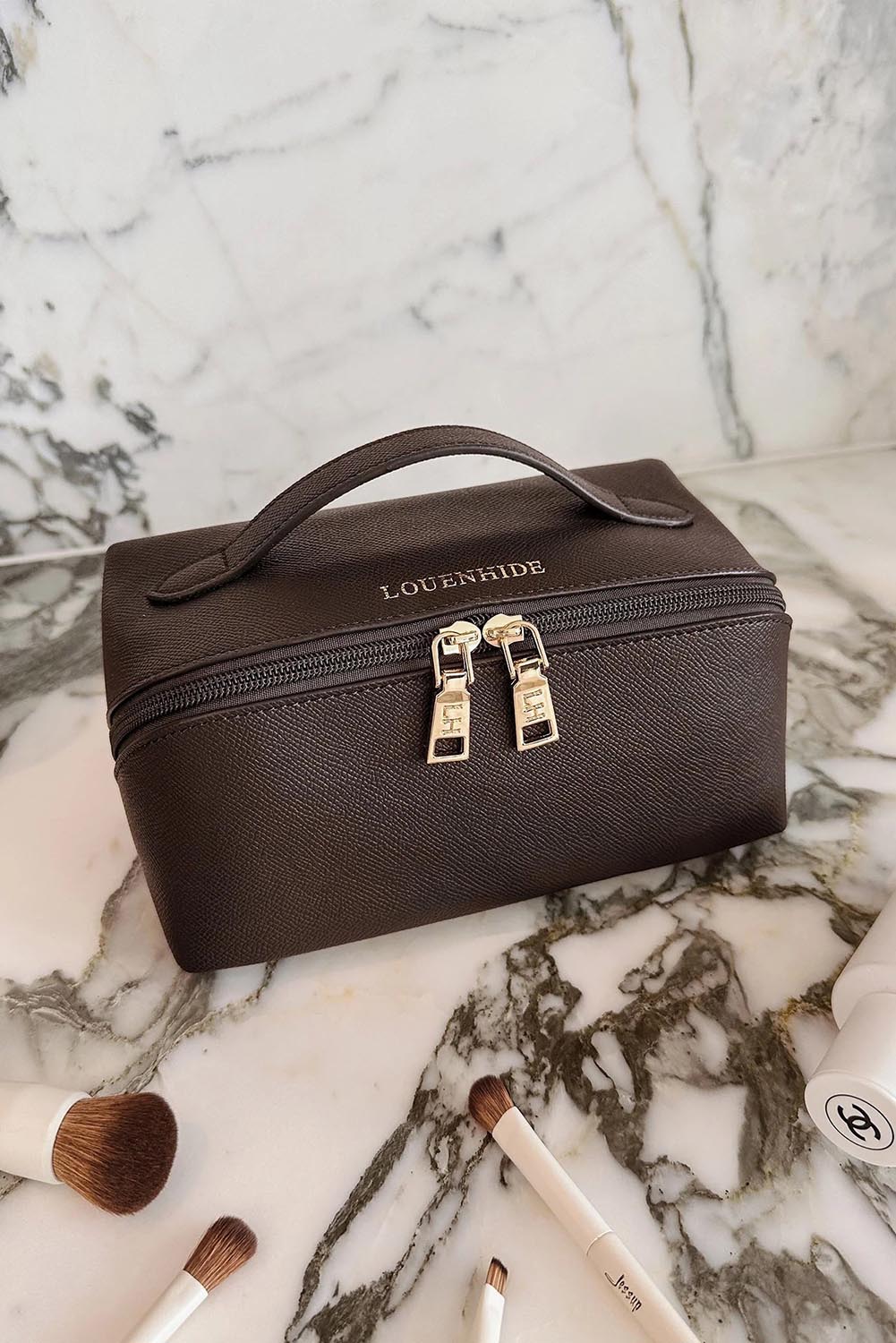 Product shot of the Ellis Makeup Bag - Chocolate in colour Chocolate, from the front
