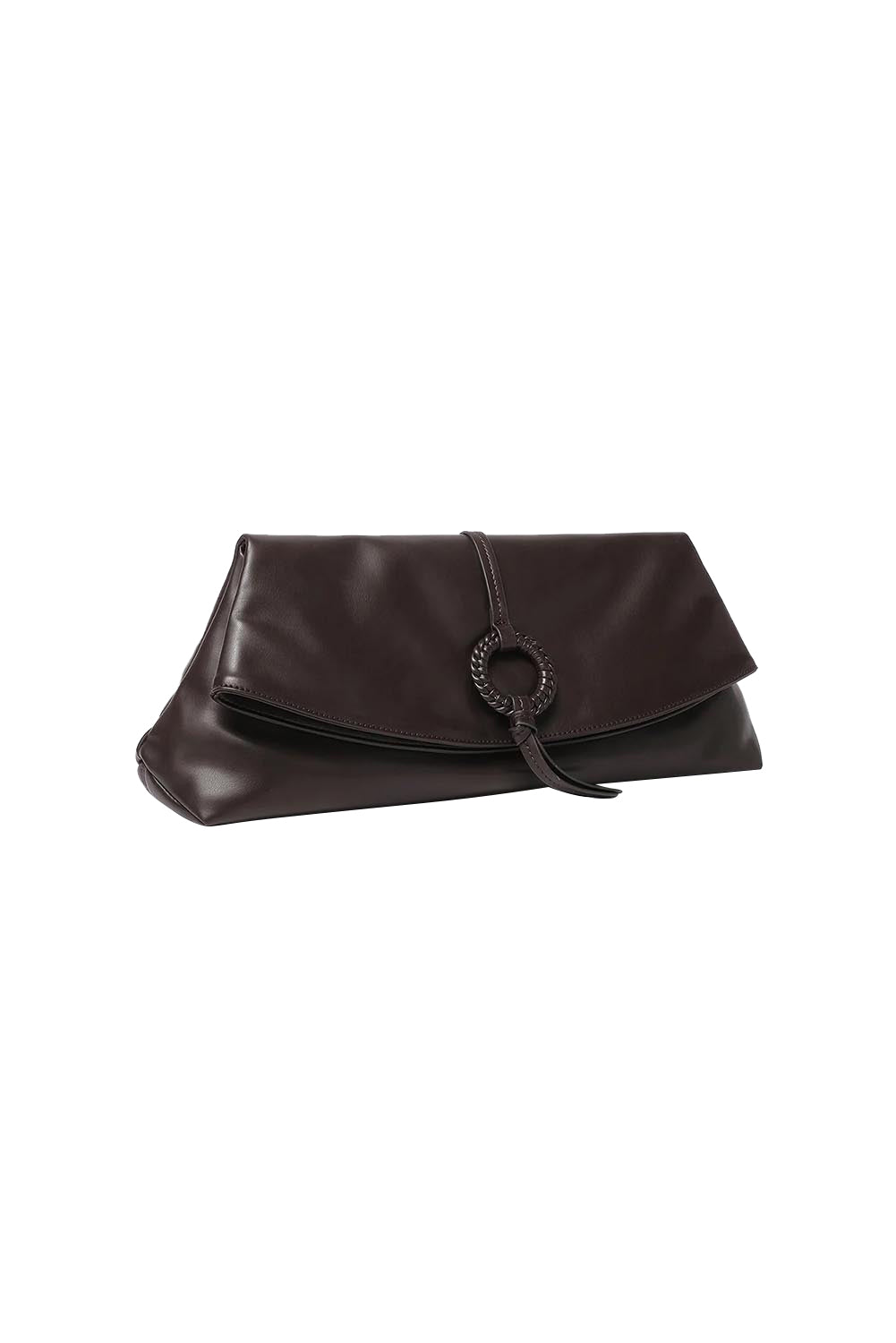 Product shot of the Asha Clutch - Chocolate in colour Chocolate, showing detail