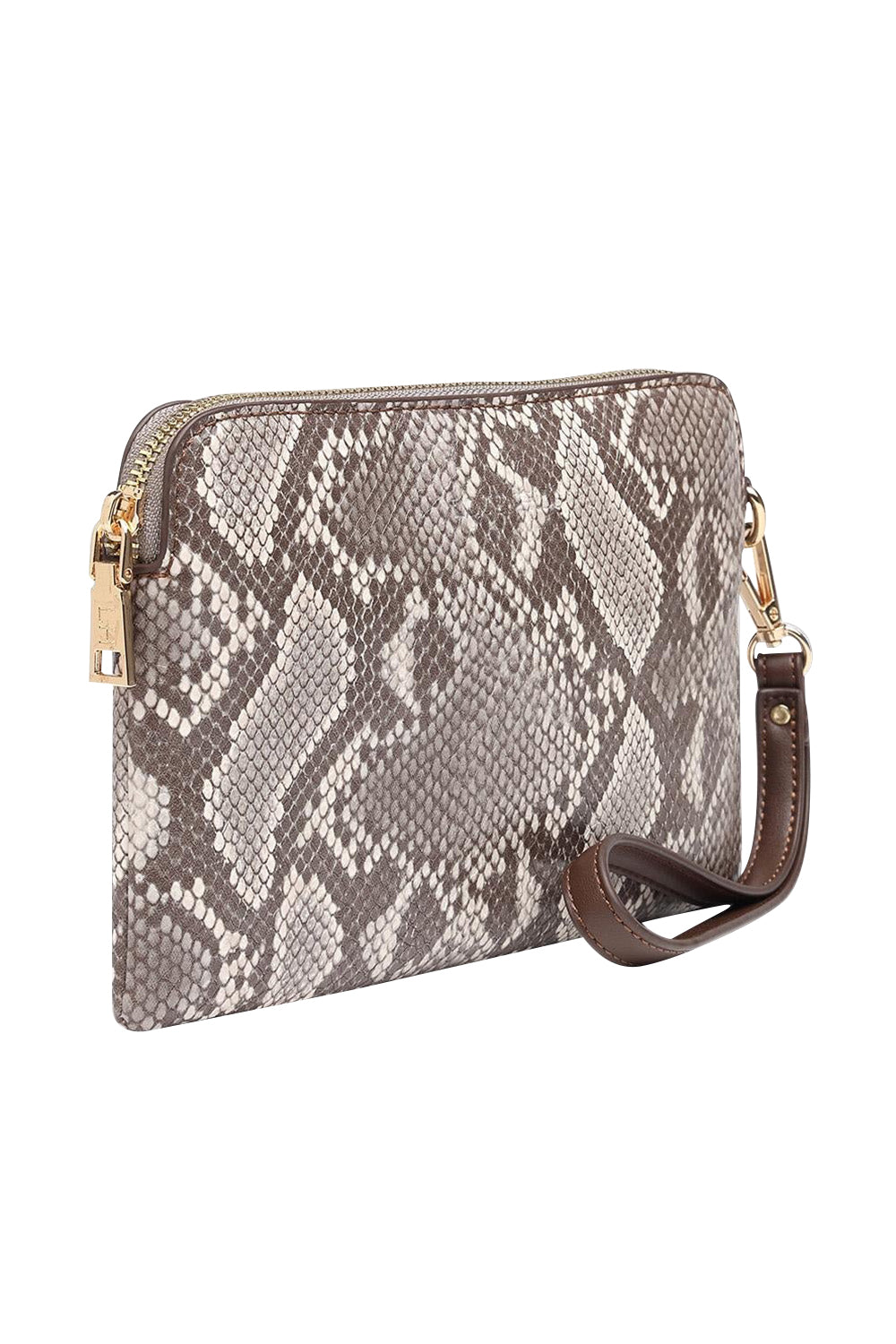 Product shot of the Poppy Clutch in colour Pythoncoff, detail