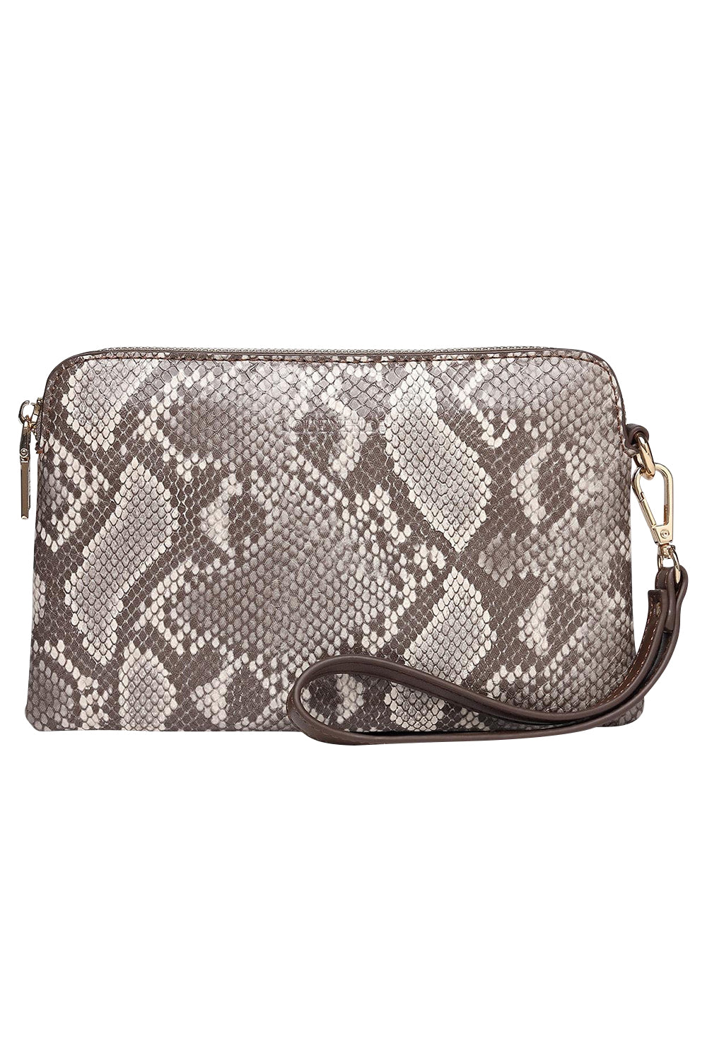 Product shot of the Poppy Clutch in colour Pythoncoff, from the front