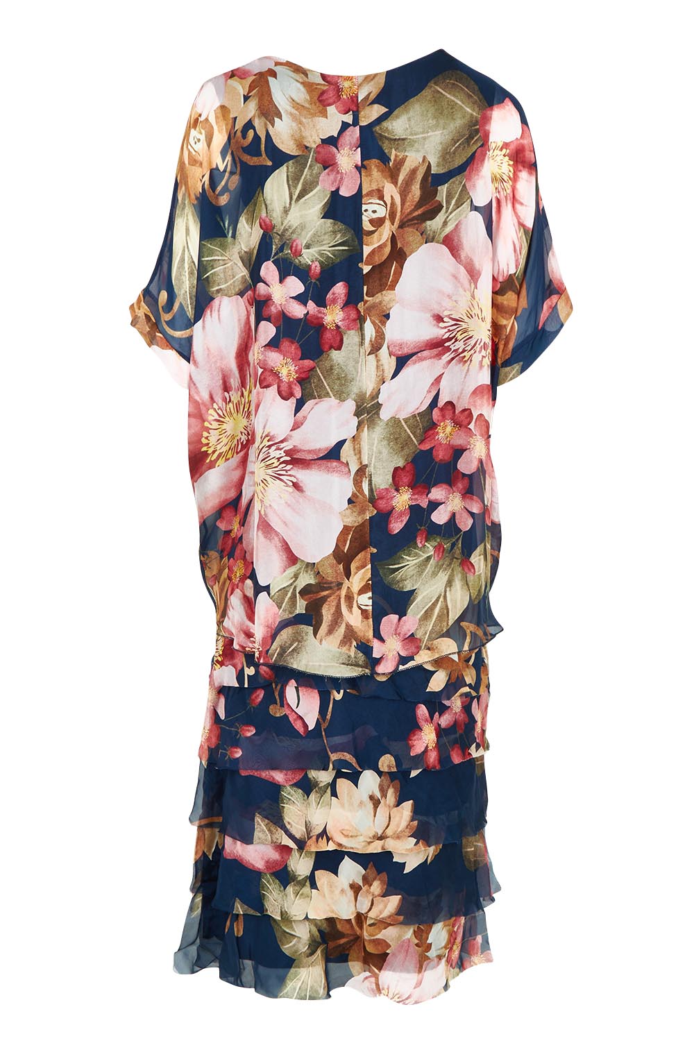 Product shot of the Silk Blend Multi Layers Dress in colour Navyfloral (Blue), from the back