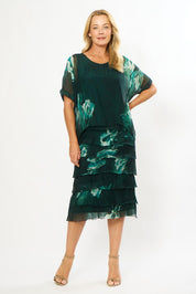 A model wearing the Silk Blend Multi Layers Dress in colour Darkgreen (Green), from the front, showing the whole outfit