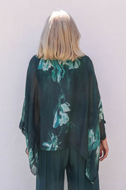 Model Sandy wearing the Silk Blend Printed Kaftan Top in colour Darkgreen (Green), from the back