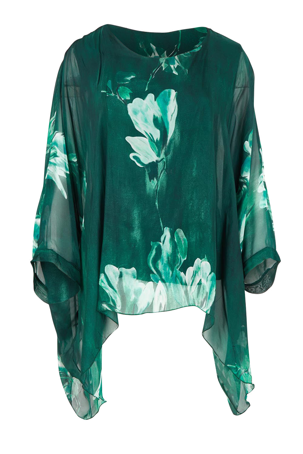 Product shot of the Silk Blend Printed Kaftan Top in colour Darkgreen (Green), from the front
