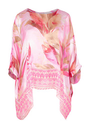 Product shot of the Silk Blend Printed Kaftan Top in colour Pinkprint (Pink), from the front