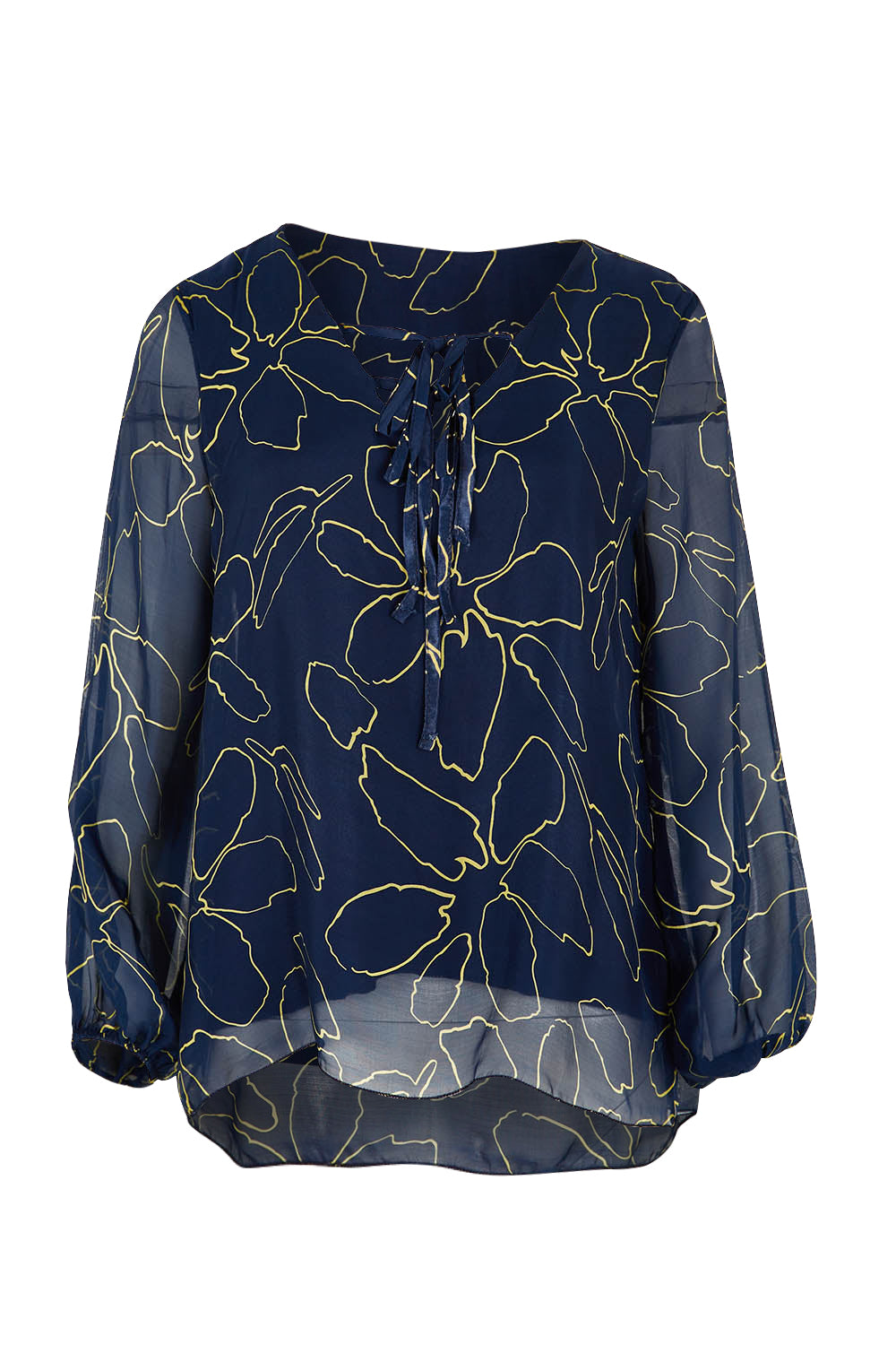 Product shot of the Silk Blend Vin colourNeck Tied Top - Navyflower (Blue), from the front