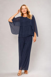 Model Genericm wearing size sample of the Silk Blend Cape Top - Navy in colour Navy, from the front