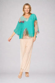 Model Genericm wearing size sample of the Silk Blend Flounce Sleeve Top - Blueturqprint in colour Blueturqprint, from the front