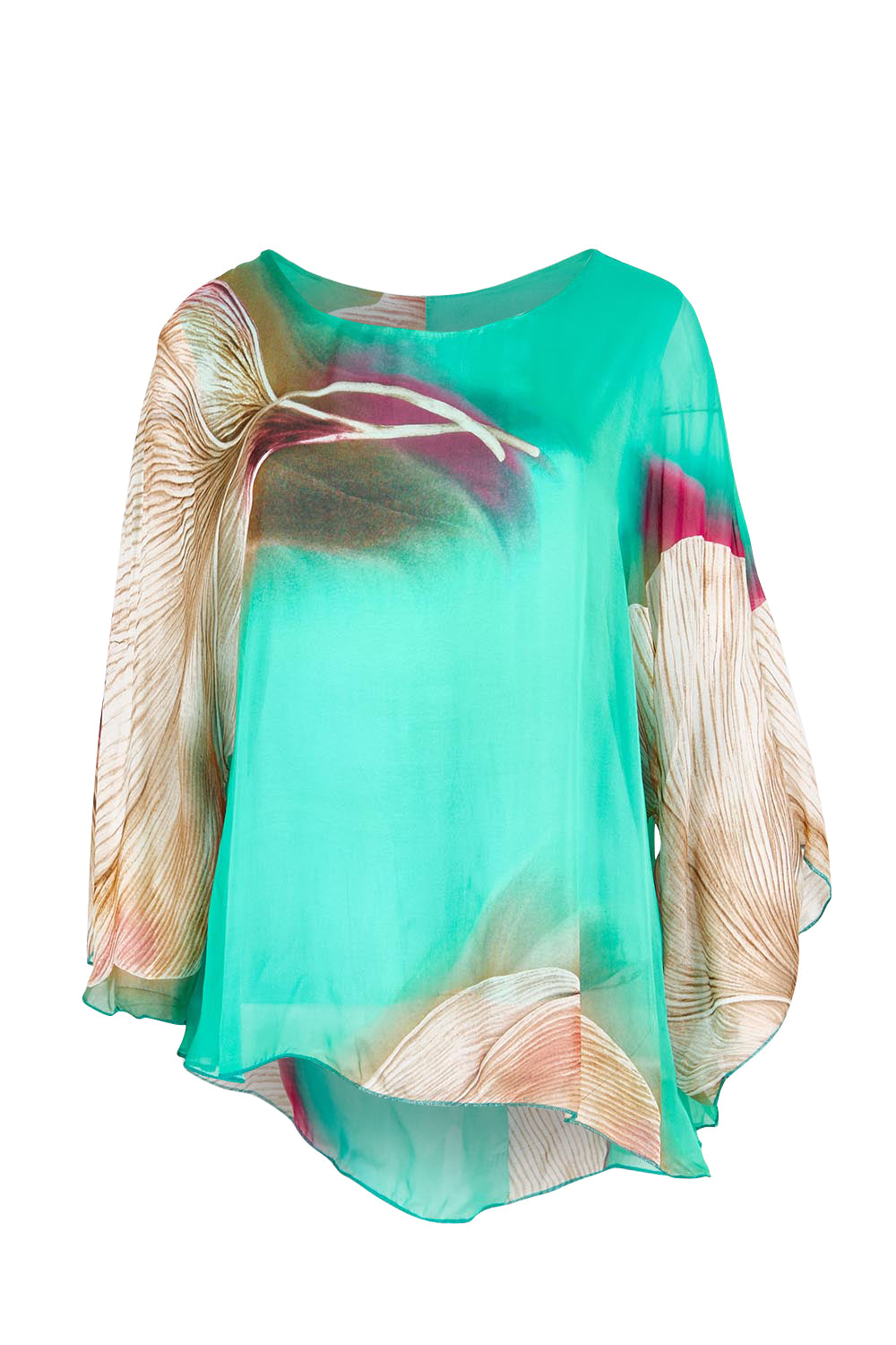 Product shot of the Silk Blend Flounce Sleeve Top - Blueturqprint in colour Blueturqprint, from the front