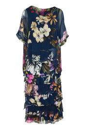 Product shot of the Silk Blend Multi Layer Print Dress in colour Navyfloral (Blue), from the front
