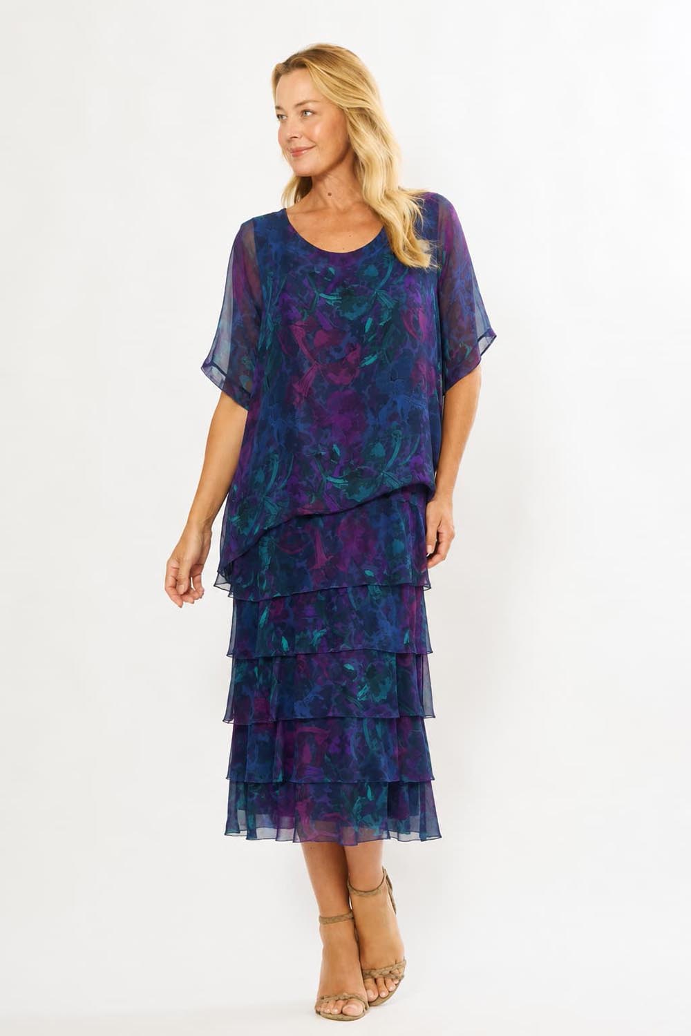 Model Genericm wearing size sample of the Silk Blend Multi Layers Dress - Navyfloral in colour Navyfloral, from the front