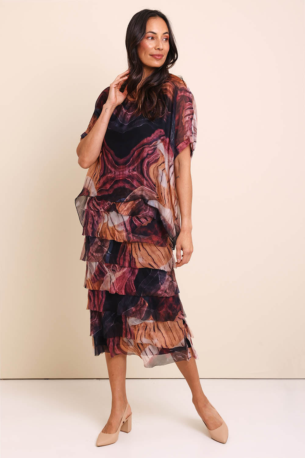 Model Amandam wearing size 10 of the Silk Blend Multi Layers Dress - Blackfloral in colour Blackfloral, from the front