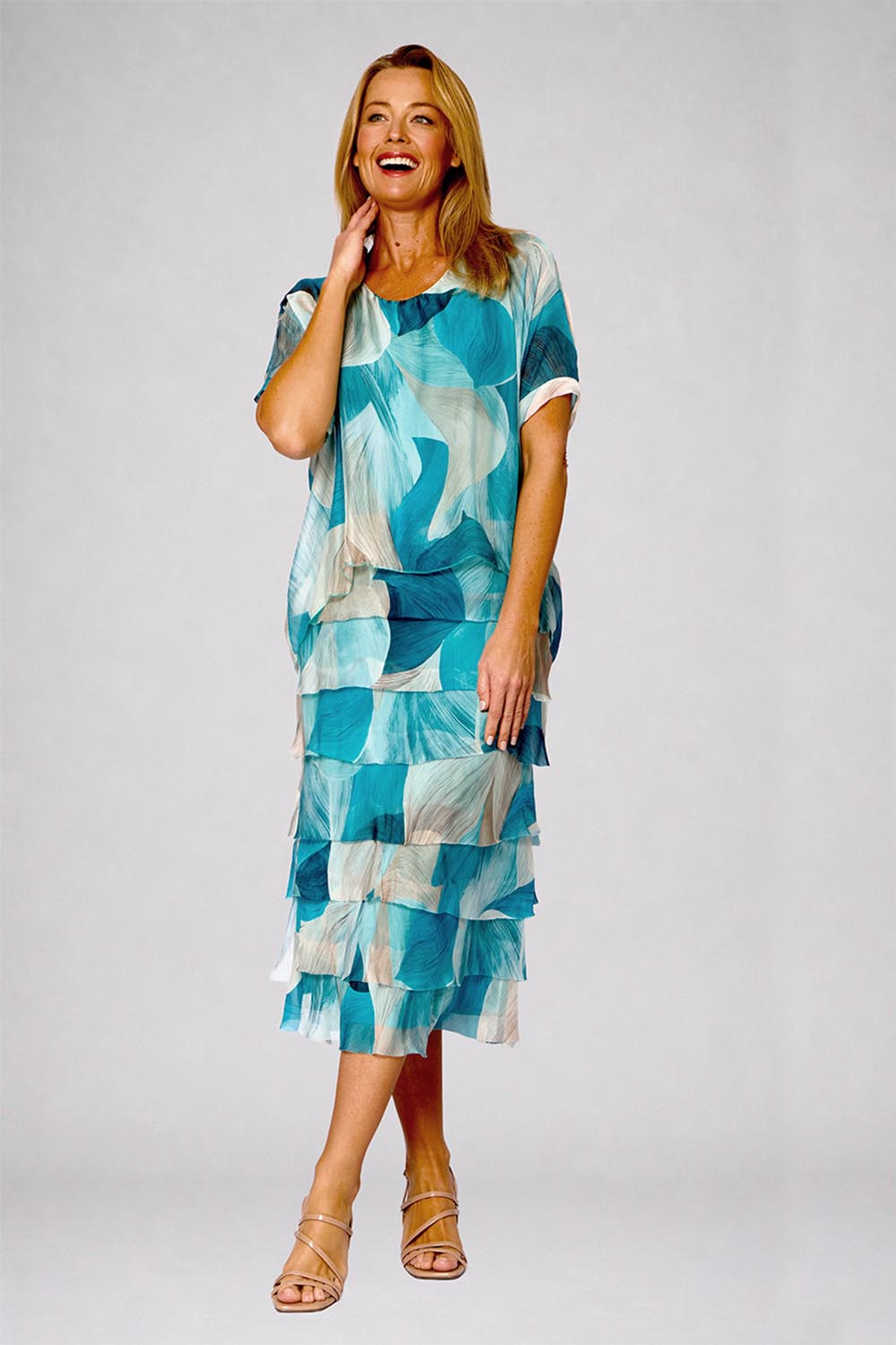 Model Genericm wearing size sample of the Silk Blend Multi Layers Dress - Acquaabstract in colour Acquaabstract, from the front