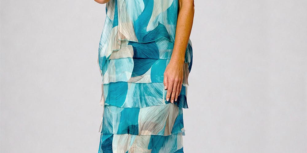 Model Genericm wearing size sample of the Silk Blend Multi Layers Dress - Acquaabstract in colour Acquaabstract, from the front