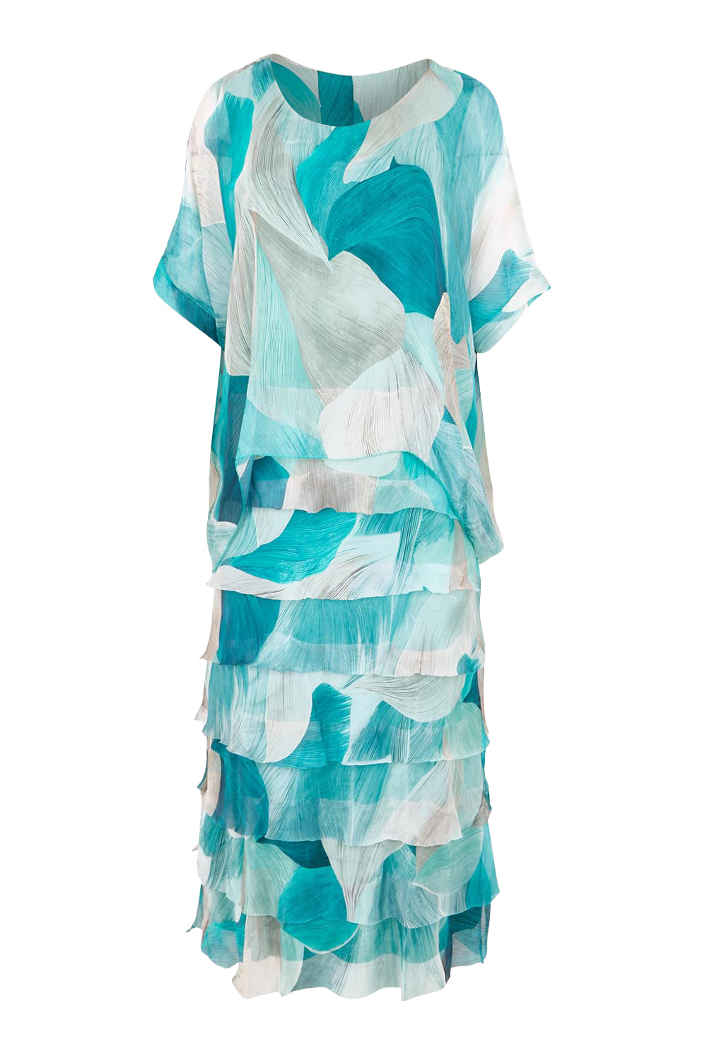 Product shot of the Silk Blend Multi Layers Dress - Acquaabstract in colour Acquaabstract, from the front