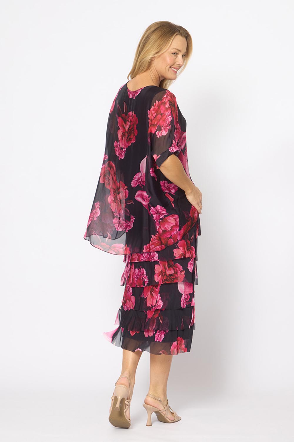 Model Genericm wearing size sample of the Silk Blend Multi Layers Dress - Navypinkflora in colour Navypinkflora, from the front