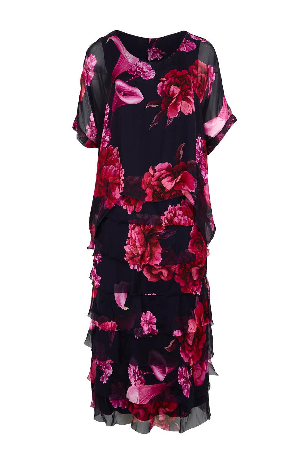 Product shot of the Silk Blend Multi Layers Dress - Navypinkflora in colour Navypinkflora, from the front