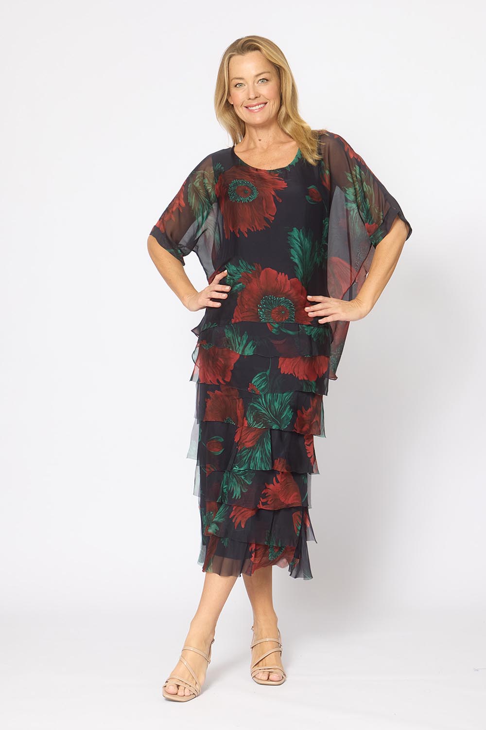 Model Genericm wearing size sample of the Silk Blend Multi Layers Dress - Navygreenfloral in colour Navygreenfloral, from the front