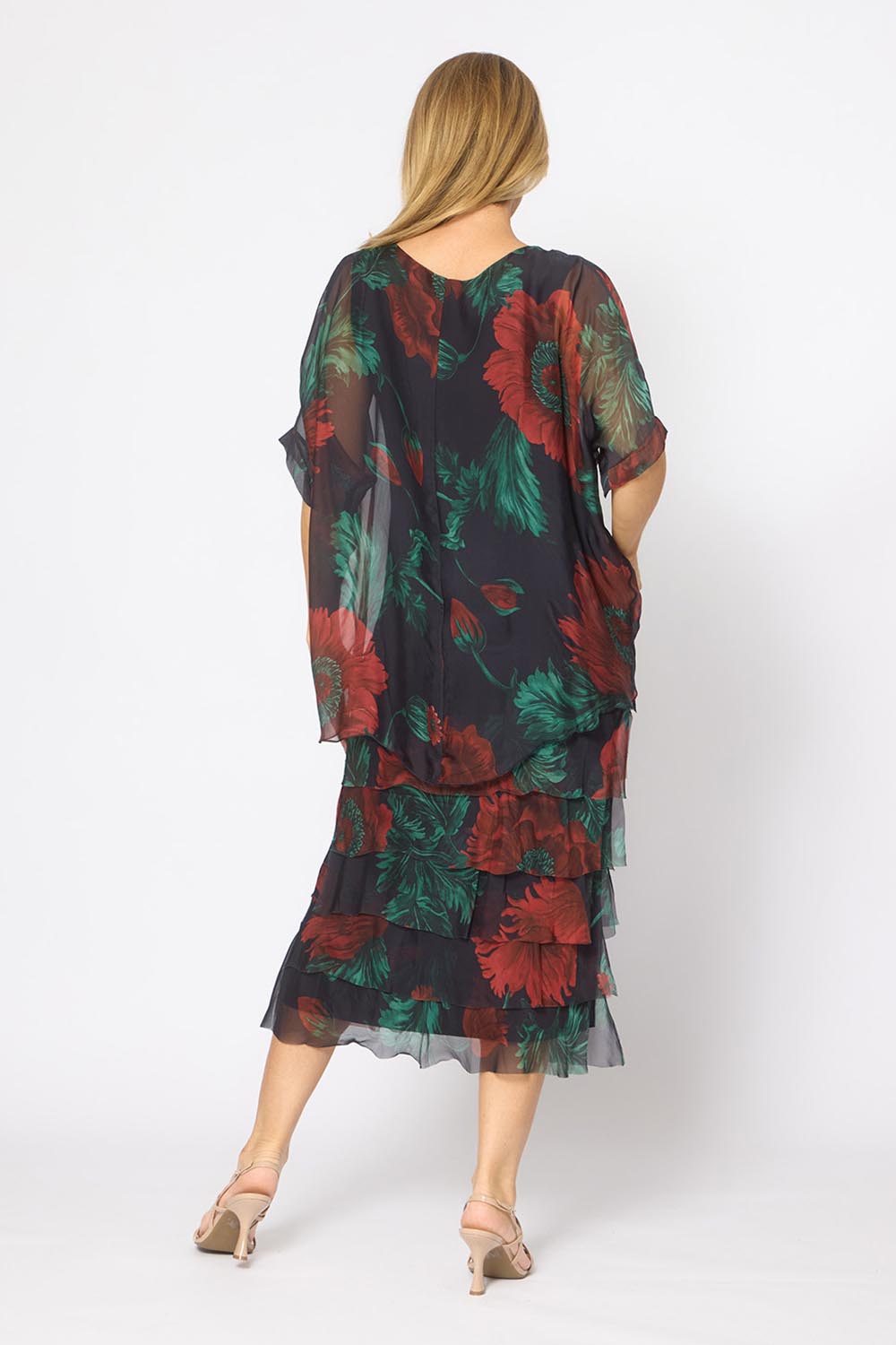 Model Genericm wearing size sample of the Silk Blend Multi Layers Dress - Navygreenfloral in colour Navygreenfloral, from the front