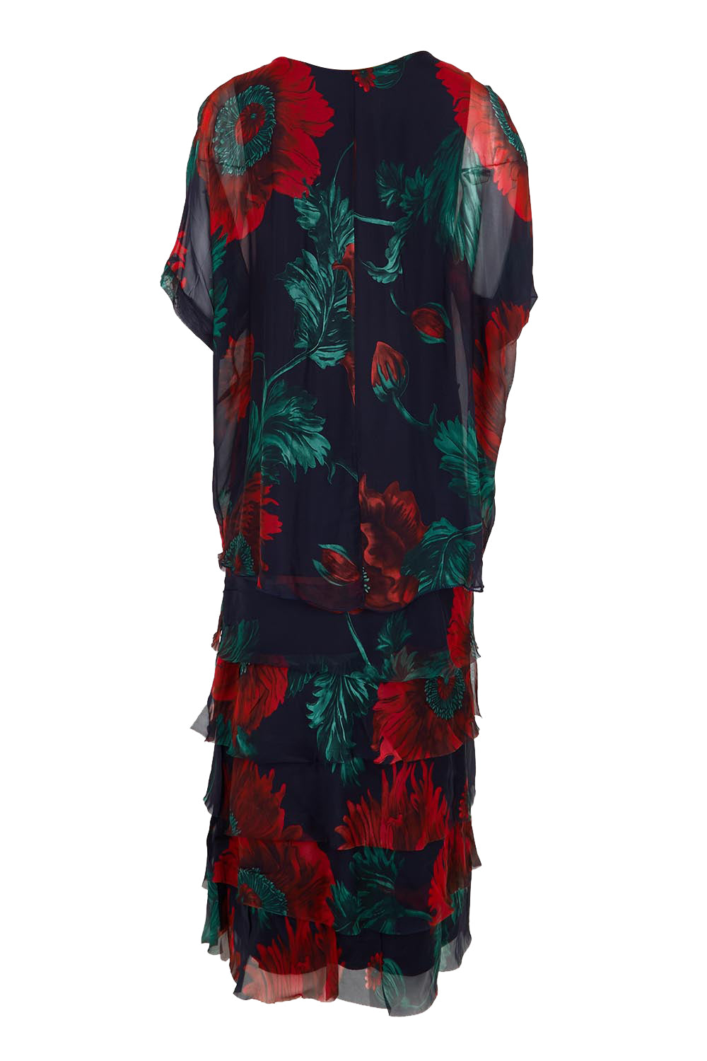 Product shot of the Silk Blend Multi Layers Dress - Navygreenfloral in colour Navygreenfloral, from the back