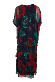 Product shot of the Silk Blend Multi Layers Dress - Navygreenfloral in colour Navygreenfloral, from the back