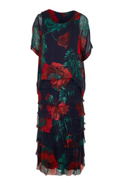 Product shot of the Silk Blend Multi Layers Dress - Navygreenfloral in colour Navygreenfloral, from the front