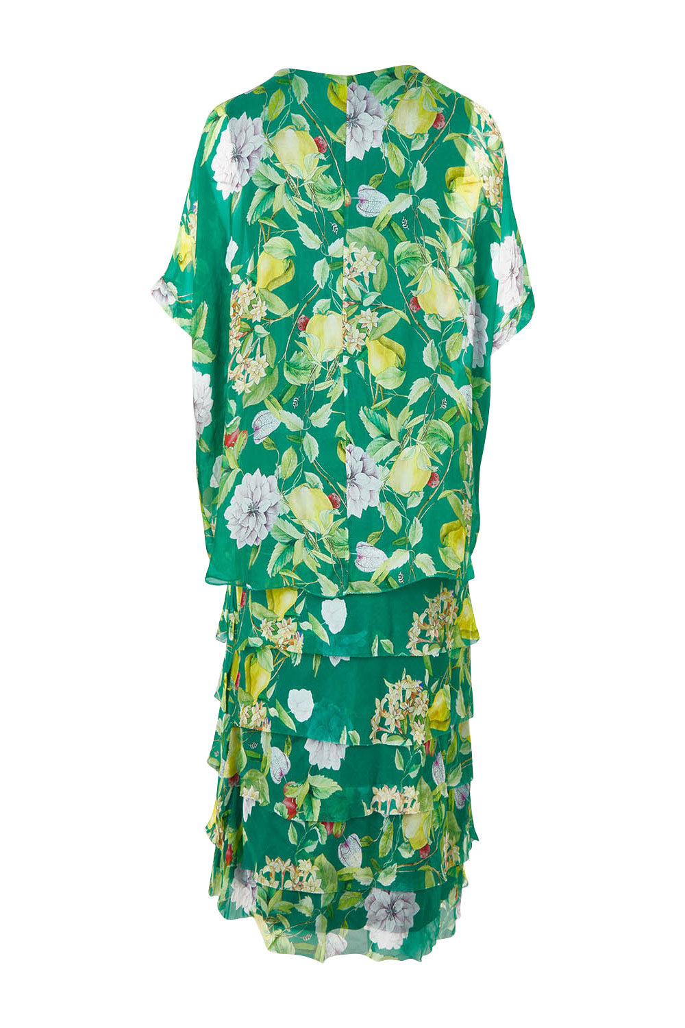 Product shot of the Overlay Silk Print Dress in colour Greenflora (Green), from the back
