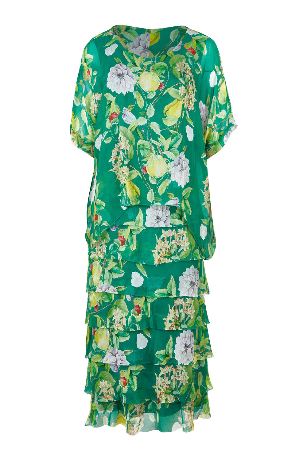 Product shot of the Overlay Silk Print Dress in colour Greenflora (Green), from the front